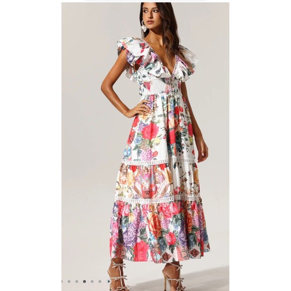 Bella‎ Burnett  Floral Print Maxi Dress Ruffle Sleeve Smocked Waist Tie - Picture 2 of 12